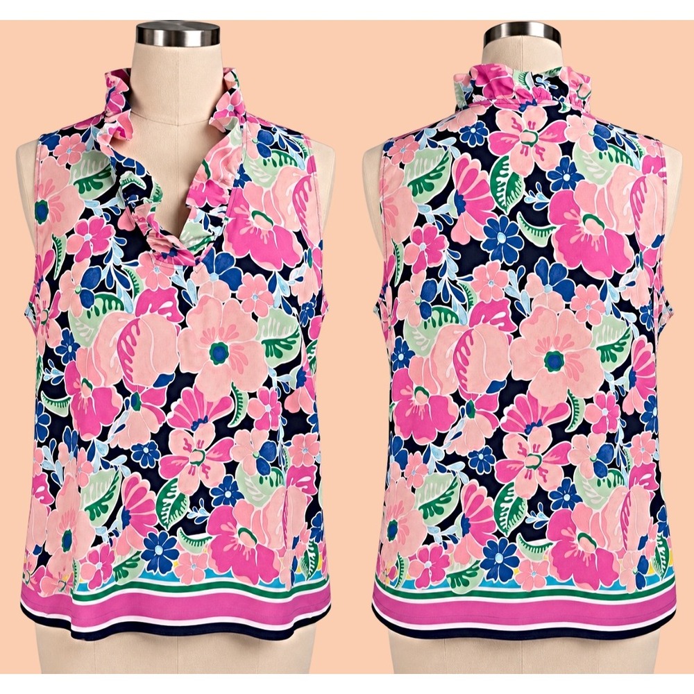 Crown & Ivy Womens XXL Pink Blue Floral Ruffle Neck Sleeveless Rayon Blouse - Picture 1 of 3